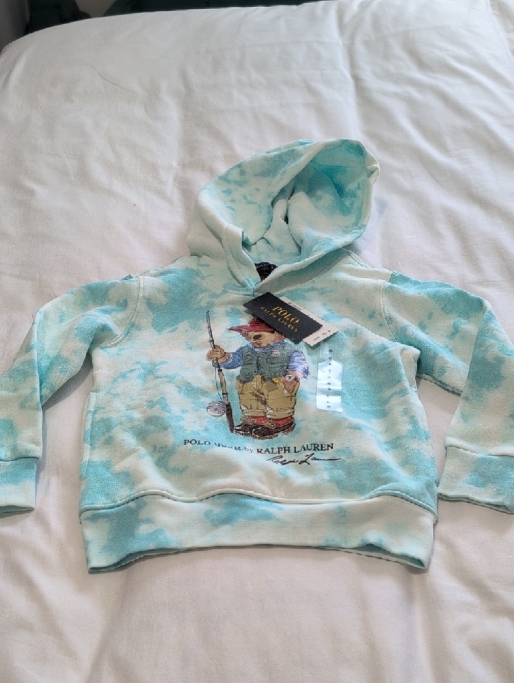 Ralph Lauren Kids Polo Bear Hoodie in Light Blue and White Tie-Dye - Picture 4 of 12